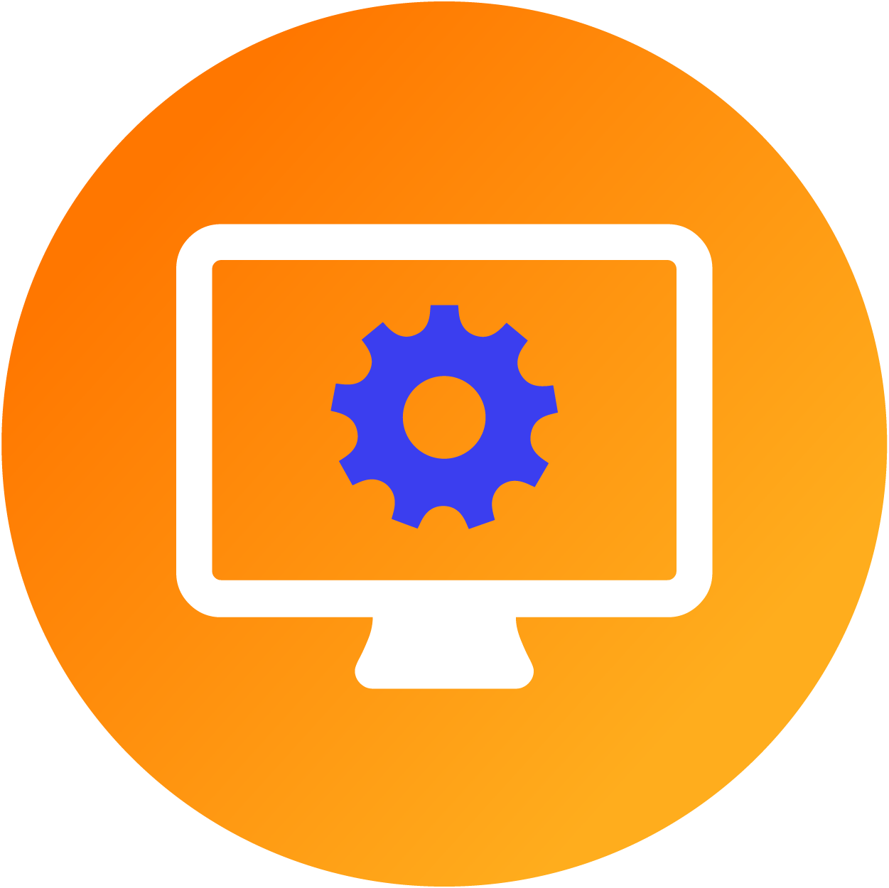 Orangener Kreis als Icon mit einem Symbol für einen PC-Monitor, auf dessen Display ein Zahnrad zu sehen ist.