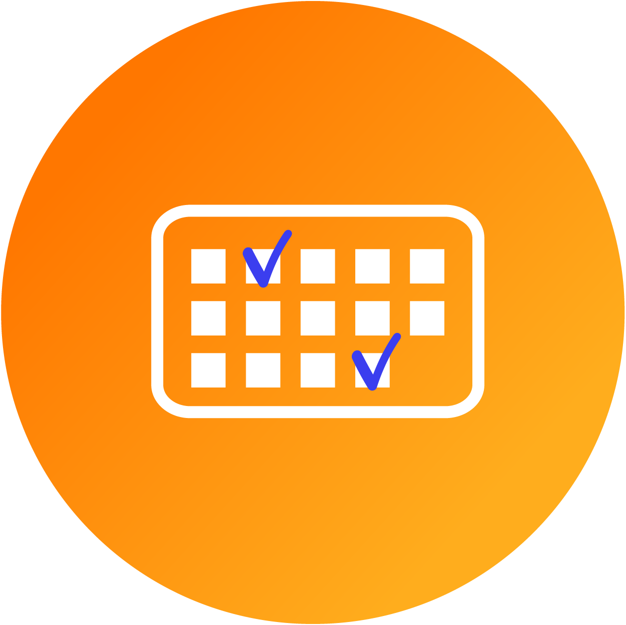 Orangener Kreis als Icon, in der Mitte ist ein Kalendersymbol dargestellt, bei dem zwei Tagesfelder markiert beziehungsweise abgehakt sind.