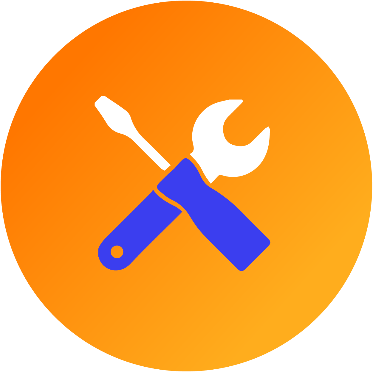 Orangener Kreis als Icon mit gekreuztem Werkzeug in der Mitte. Ein Schraubendreher und ein Gabelschlüssel.